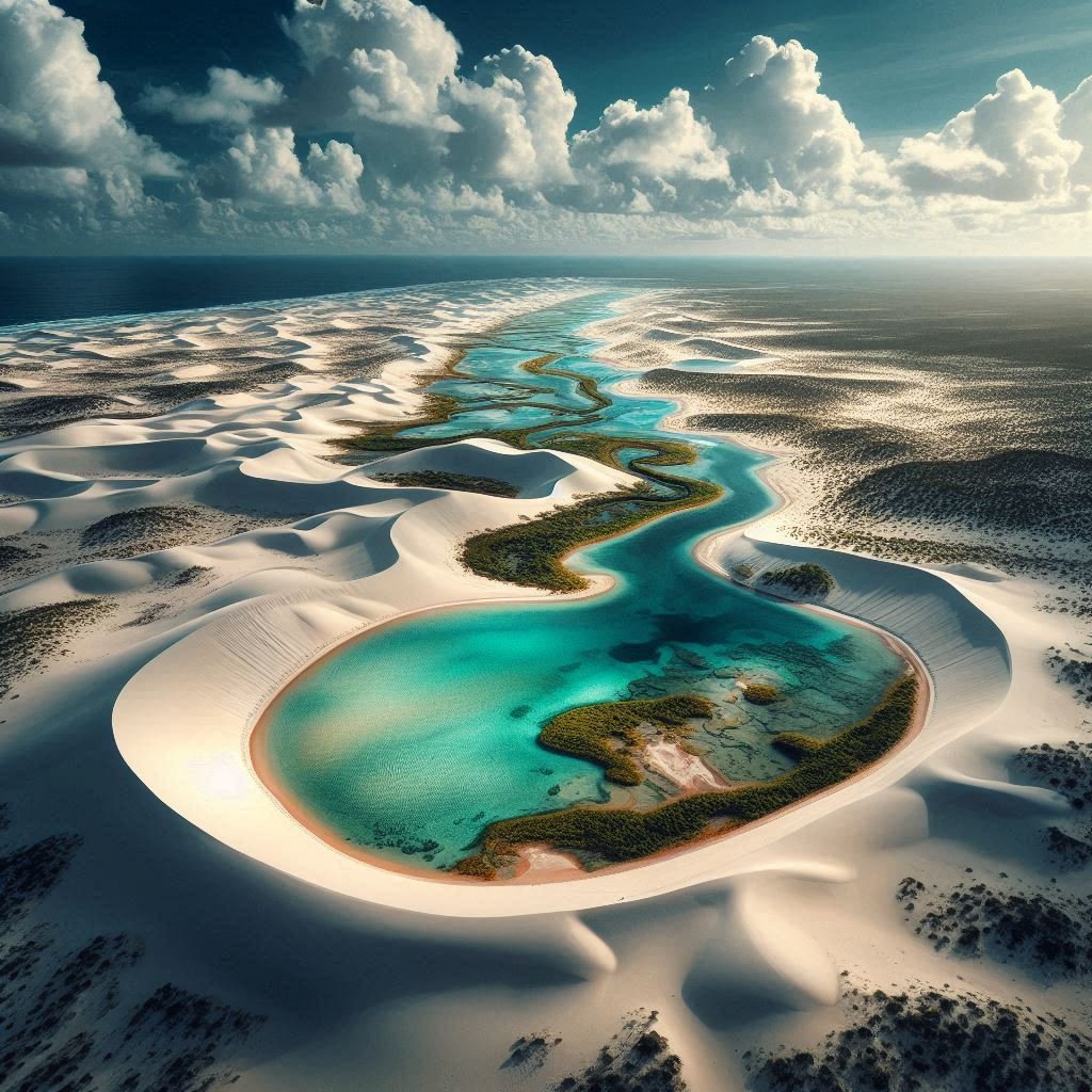 Representação artística criada por IA dos Lençóis Maranhenses, destacando dunas de areia branca que se estendem até o horizonte, intercaladas por lagoas de água azul-turquesa. Esta obra captura a essência única desse paraíso natural, com contrastes hipnotizantes que remetem à tranquilidade e à beleza inigualável da região."
