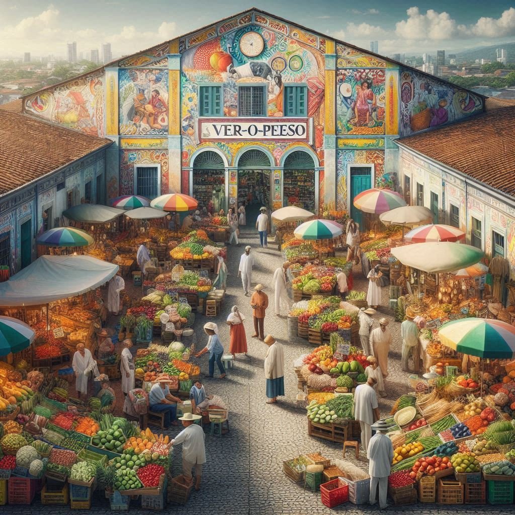 "Ilustração artística do Mercado Ver-o-Peso, um marco cultural e histórico da cidade de Belém, no Pará. A estrutura do mercado é caracterizada por um prédio de um andar com paredes azuladas e detalhes arquitetônicos únicos, incluindo quatro torres pontiagudas posicionadas em cada esquina do edifício. Ao redor, há diversas barracas com telhados brancos, organizadas de forma harmoniosa, mas sem bloquear os arcos das janelas. O mercado está localizado às margens de um rio de águas calmas e barrentas, completando o cenário vibrante. O ambiente transmite uma atmosfera autêntica da região amazônica, destacando-se como um centro de comércio e cultura local."