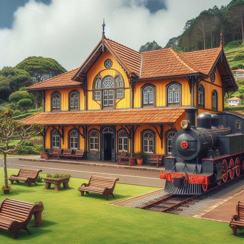 "Representação artística da estação ferroviária Madeira-Mamoré. A imagem mostra uma casa amarela com telhado de duas águas em tom laranja, seis janelas em arco alinhadas na fachada. No pátio, há uma locomotiva preta com detalhes em vermelho, posicionada sobre um gramado verde. À esquerda, árvores e bancos de madeira estão voltados para a locomotiva, criando um cenário acolhedor e harmonioso."