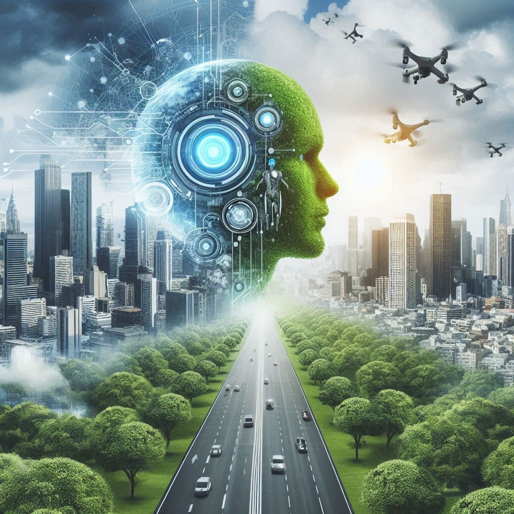 "Ilustração que simboliza o homem moderno, a tecnologia e o meio ambiente, unidos por um futuro sustentável e harmonioso."