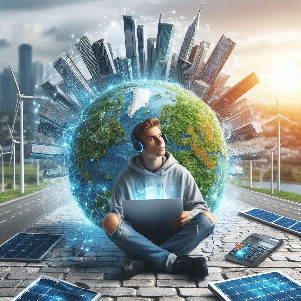 Um jovem está sentado, rodeado por diversos dispositivos eletrônicos em suas mãos e ao seu redor, simbolizando a era tecnológica em que vivemos. Ele ergue os olhos para o céu, contemplando profundamente o futuro e suas possibilidades. Atrás dele, o planeta Terra brilha intensamente, cercado por arranha-céus que refletem o crescimento urbano e a pressão da sociedade moderna. Ao fundo, um pôr do sol cria uma atmosfera de esperança, enquanto ele imagina um mundo mais sustentável em meio às grandes demandas da humanidade.