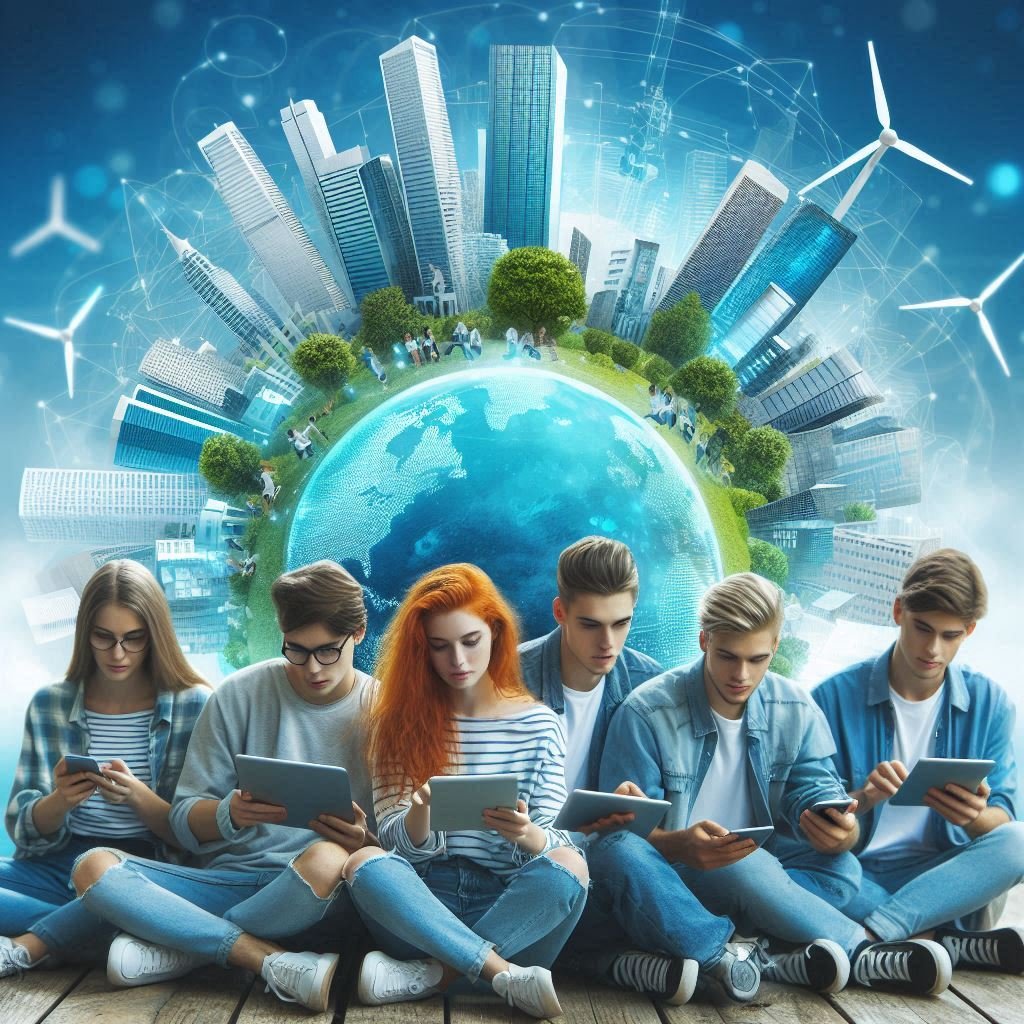 Jovens sentados com aparelhos eletrônicos, em um ambiente vibrante com uma cidade sustentável ao fundo.